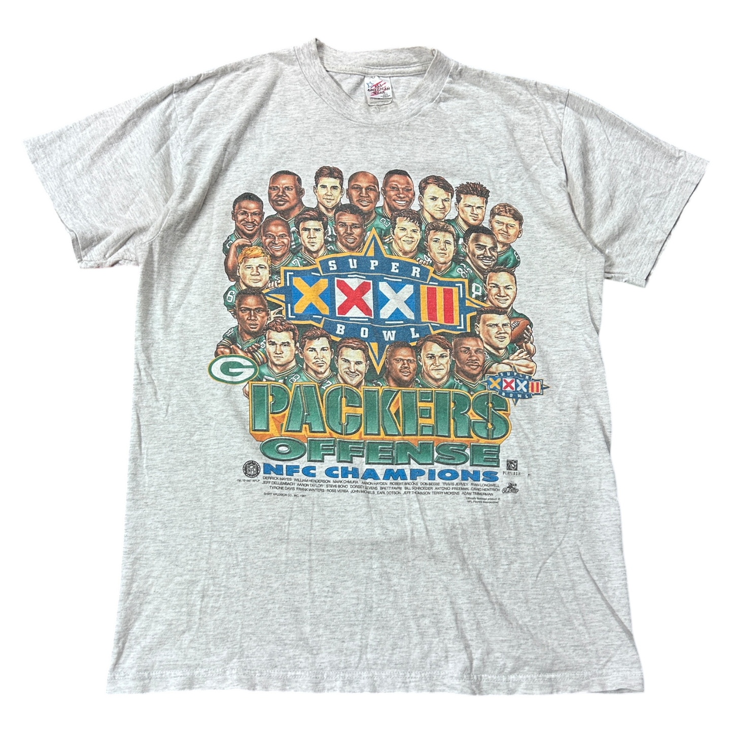 L 1997 Packers Offense/ Defense Super Bowl NFC Champions Caricature Tee