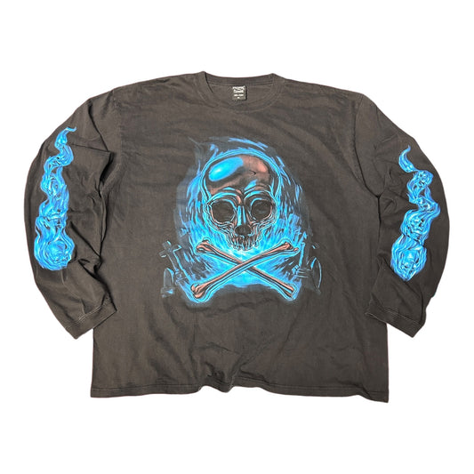 XL 2000s Blue Flame Skull Long Sleeve Shirt